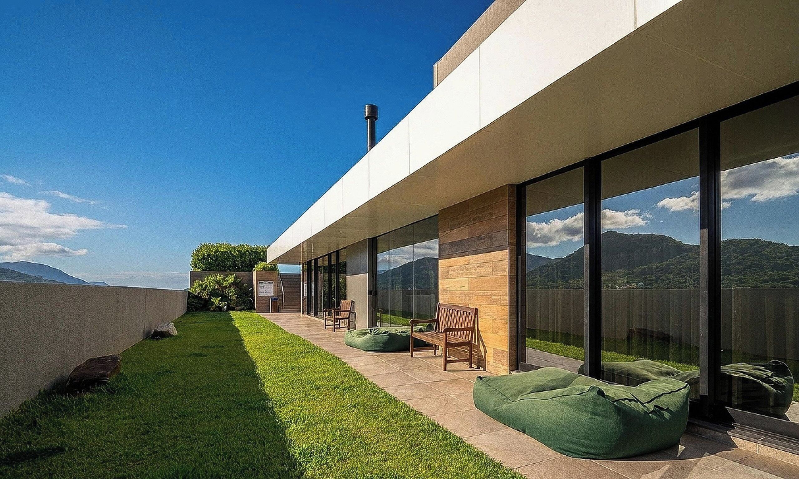 A modern outdoor patio with a clear view of the mountains, a grassy area, and seating arrangements.