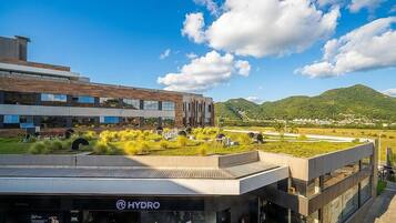 A modern building with a rooftop garden, a visible store named 'HYDRO,' and a sign for 'sedzone.'