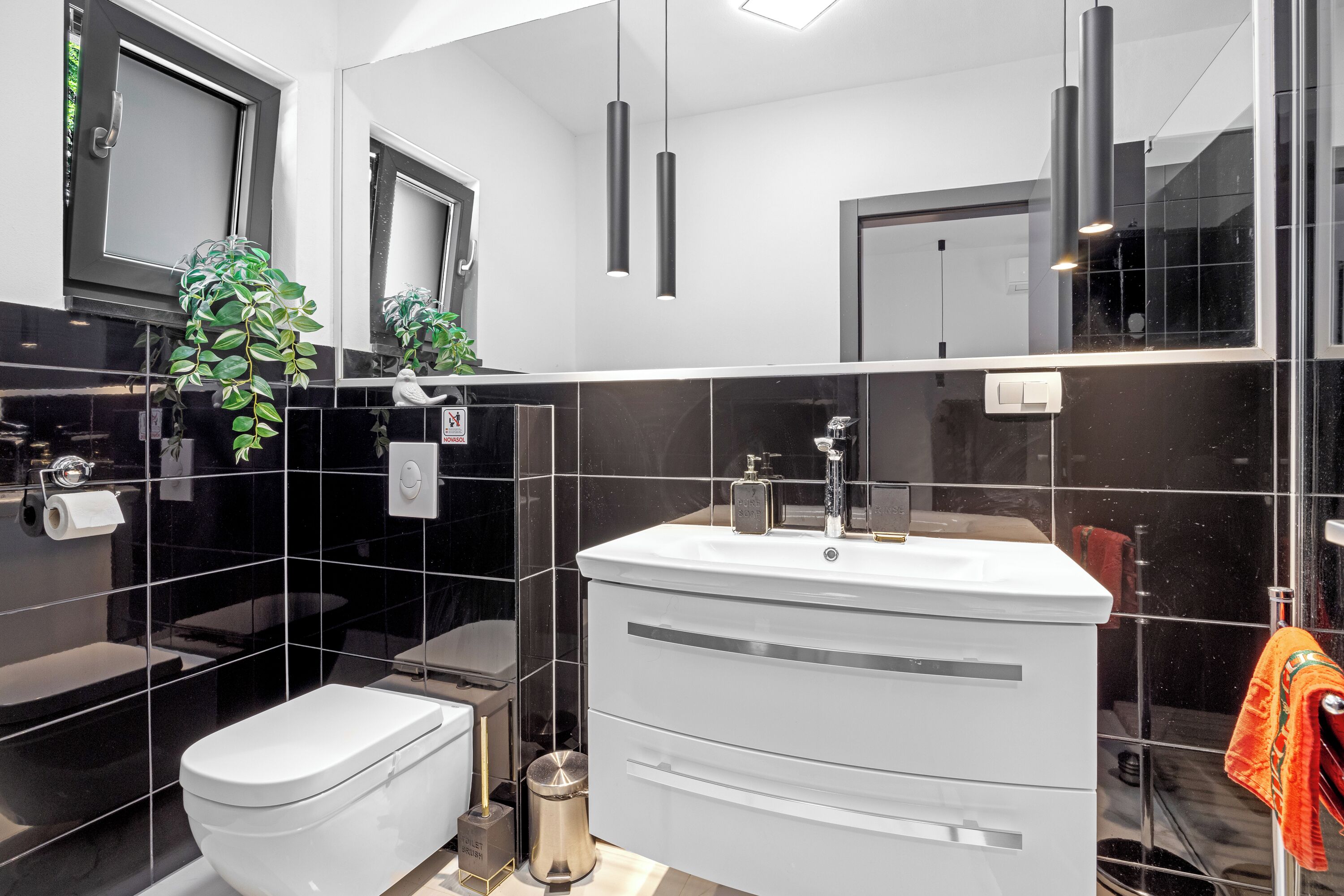 A modern bathroom with a white sink, black tiles, a mirror, and a hanging plant.