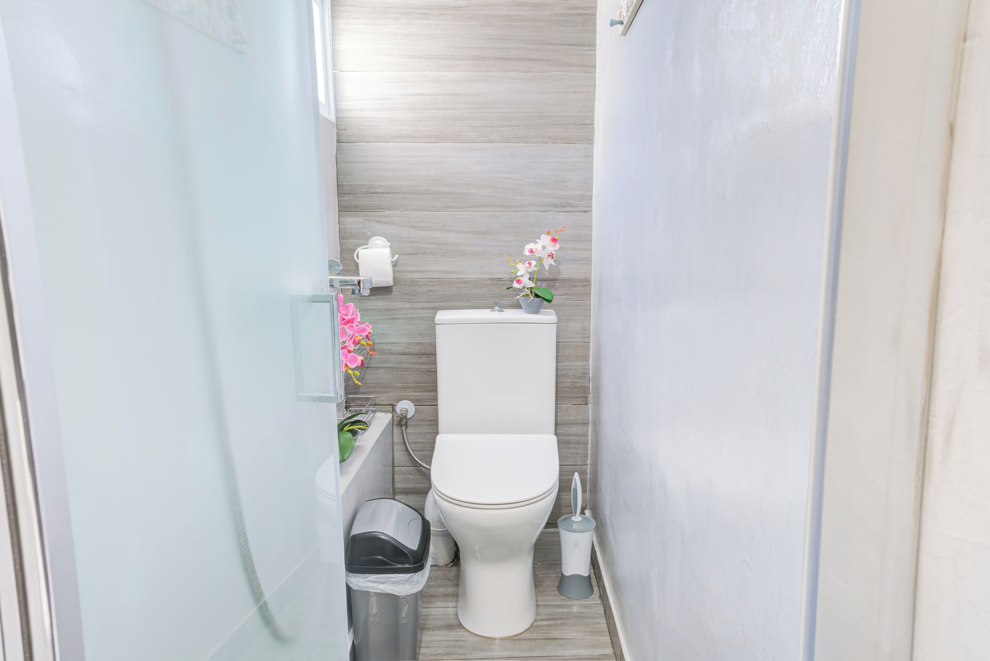 A modern bathroom with a toilet, a trash bin, a toilet brush, and a small potted plant.