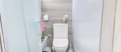 A modern bathroom with a toilet, a trash bin, a toilet brush, and a small potted plant.