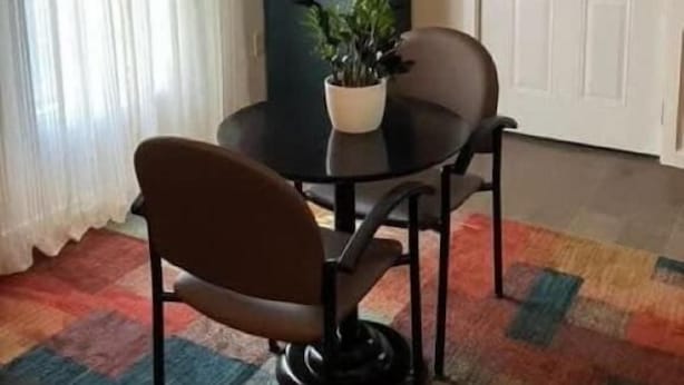 Une pièce avec une table ronde, deux chaises, une plante en pot, un meuble de couleur sombre, une porte blanche et un tapis coloré.