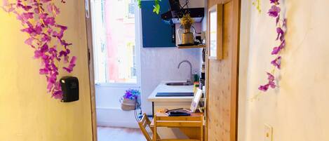 Fridge, microwave, coffee/tea maker, toaster