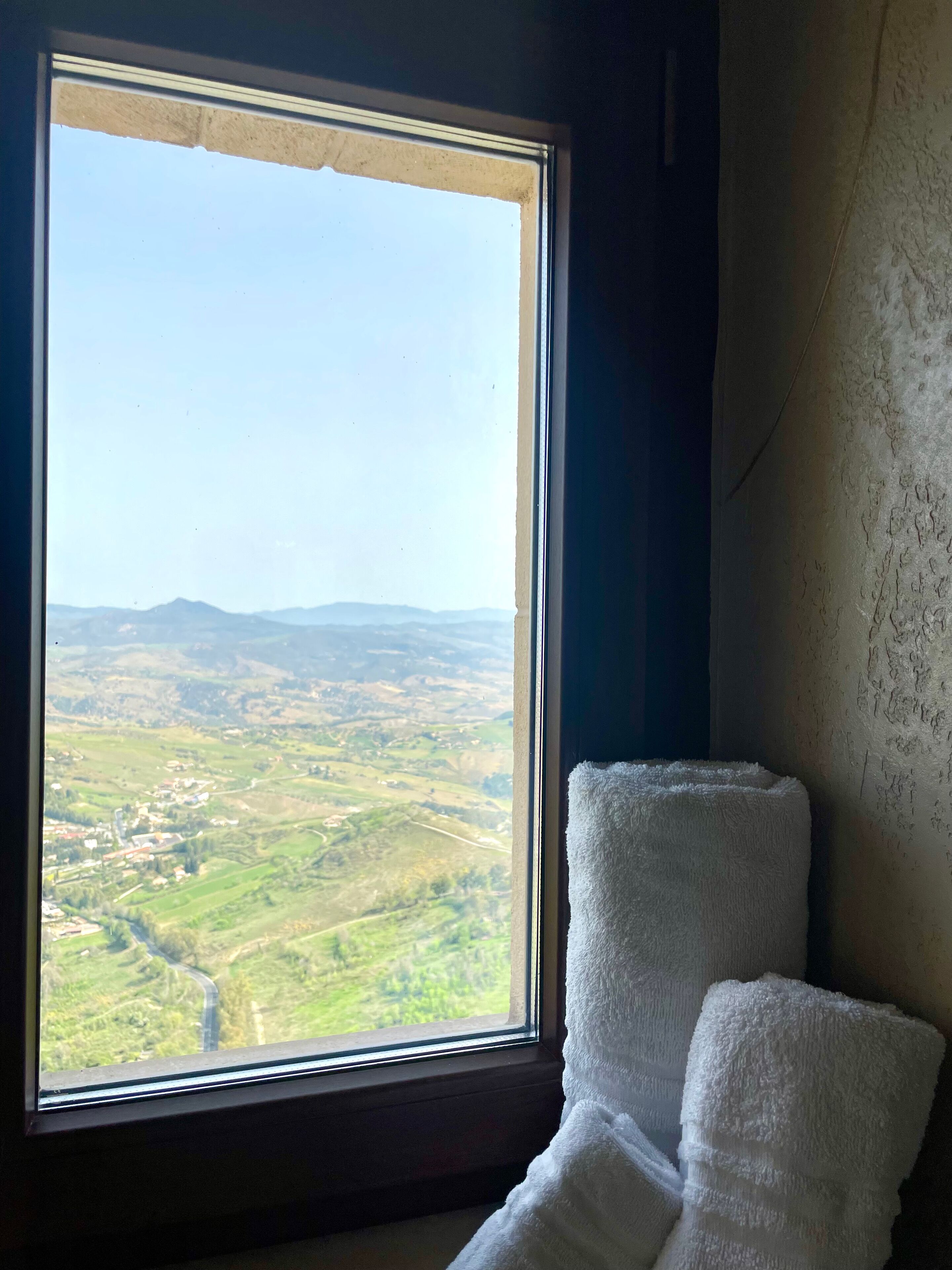 Una ventana con vistas a un paisaje verde y una toalla blanca en el alféizar.