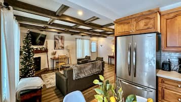 Smart TV, fireplace, books