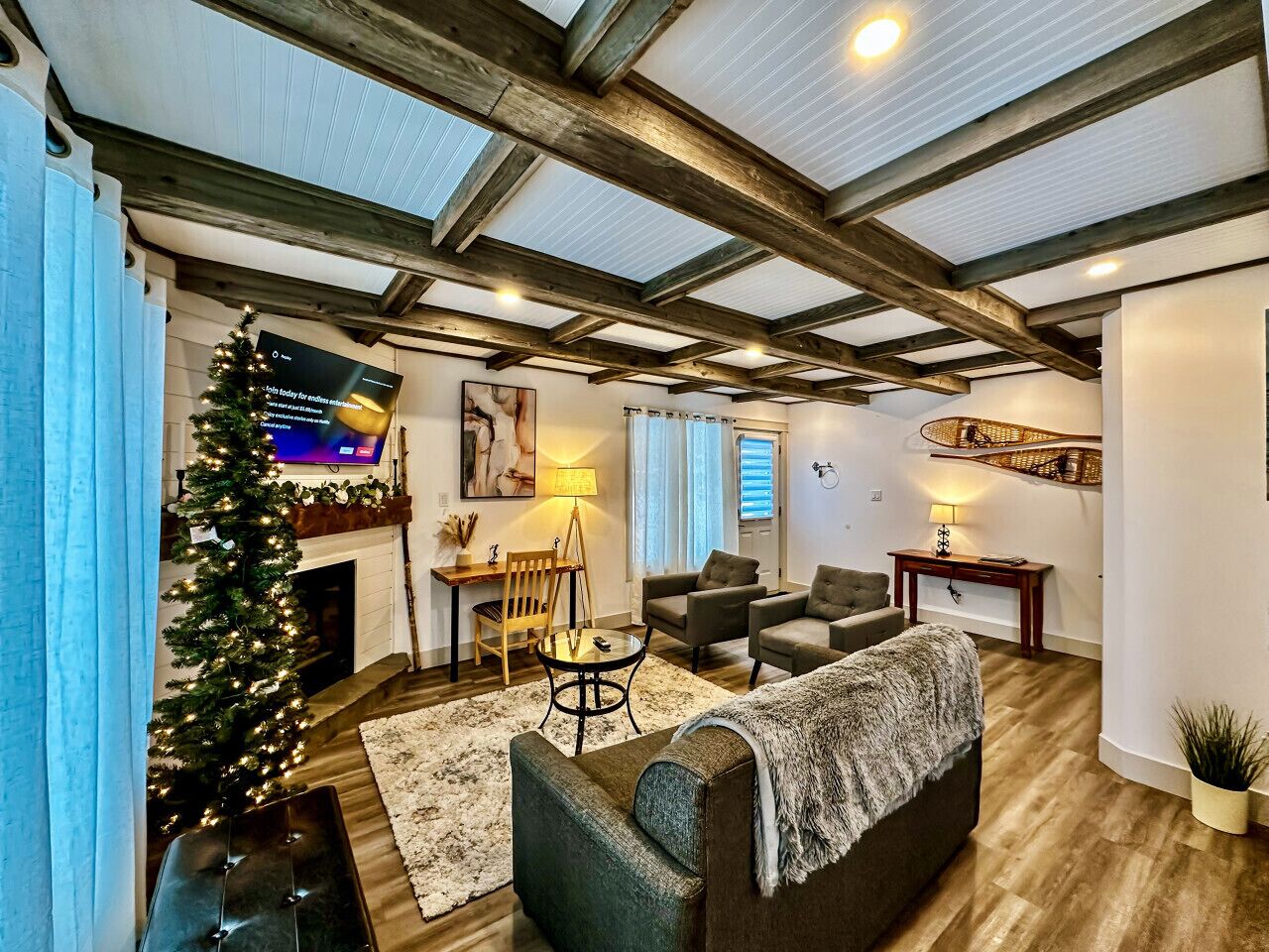 Smart TV, lareira, livros