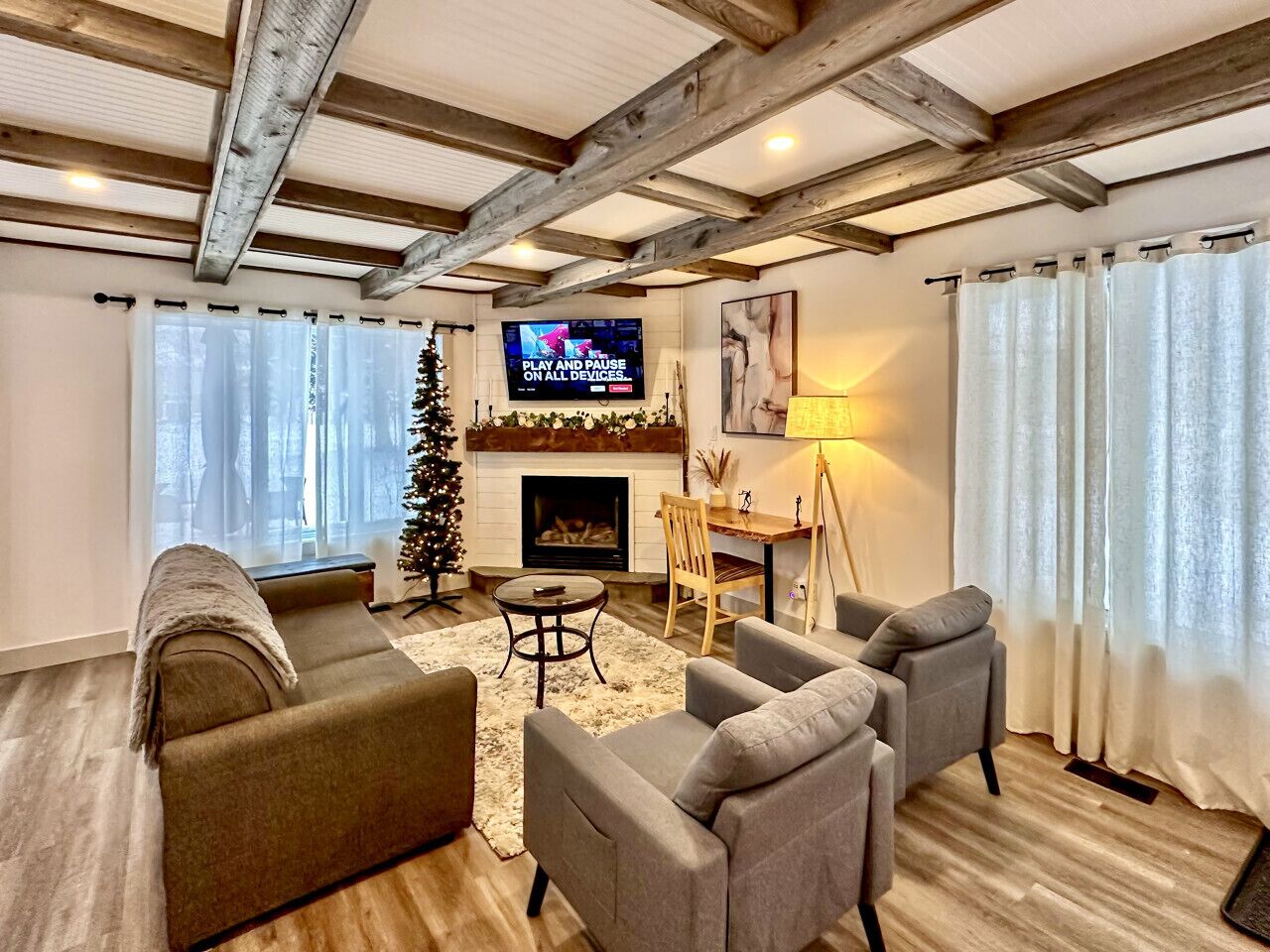 Smart TV, fireplace, books