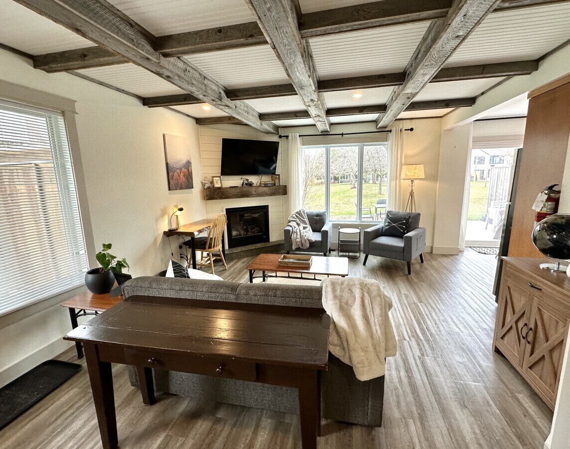 Smart TV, fireplace, books