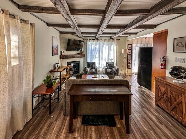 Smart TV, fireplace, books