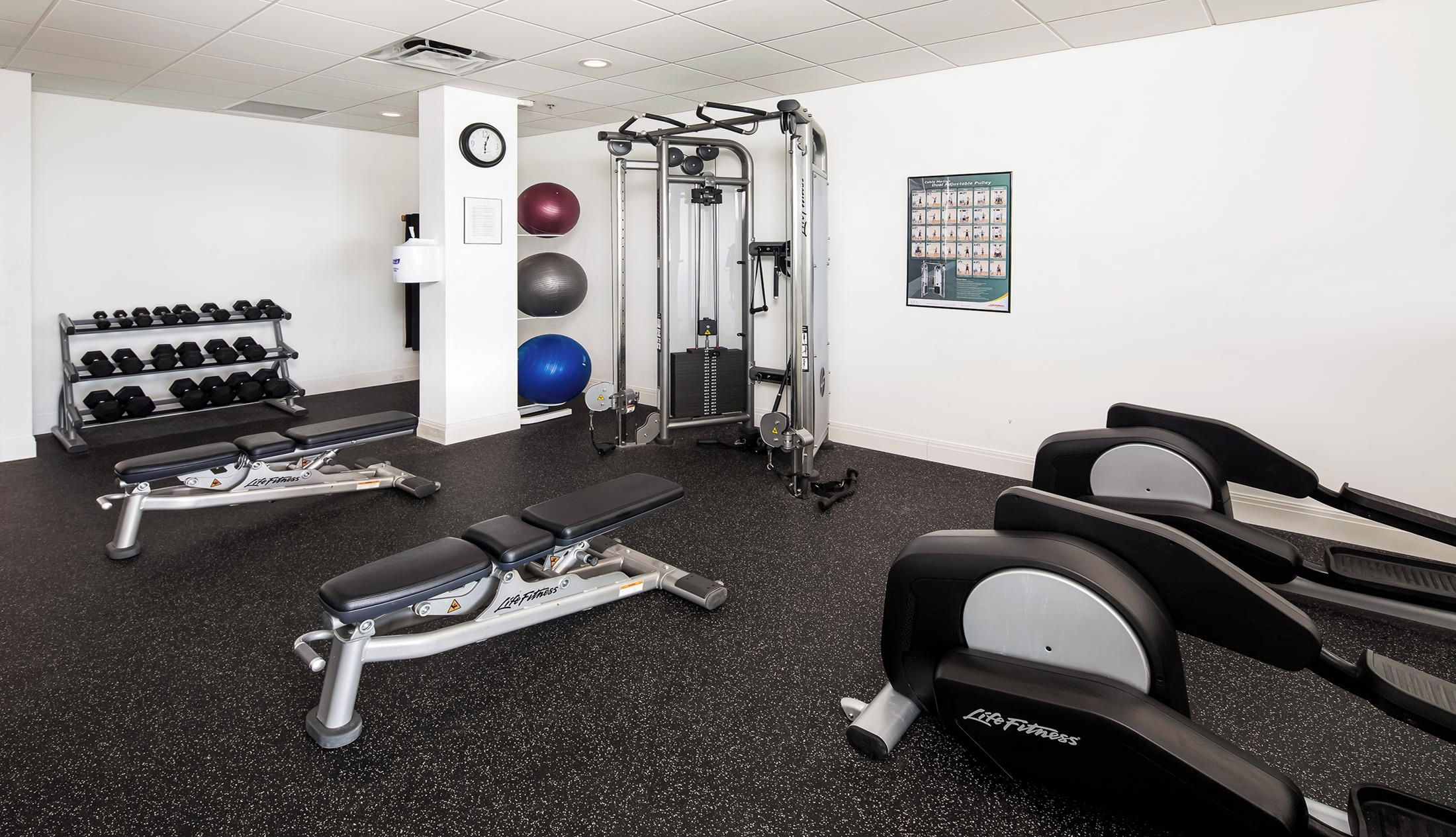 Une salle de sport équipée de tapis de course, d’appareils de musculation, d’haltères et de ballons d’exercice.