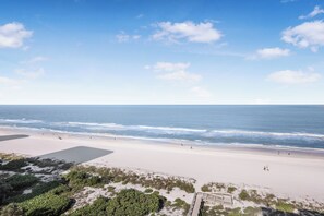 Une plage avec un ciel dégagé, un rivage sablonneux et quelques personnes qui se promènent.