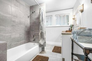 Hair dryer, towels, soap, shampoo