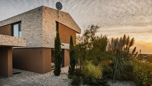 Une maison moderne avec une façade en pierre, une antenne parabolique et un jardin bien entretenu où poussent différentes espèces de plantes.