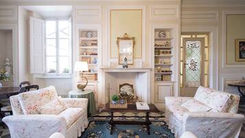 TV, caminetto, libri