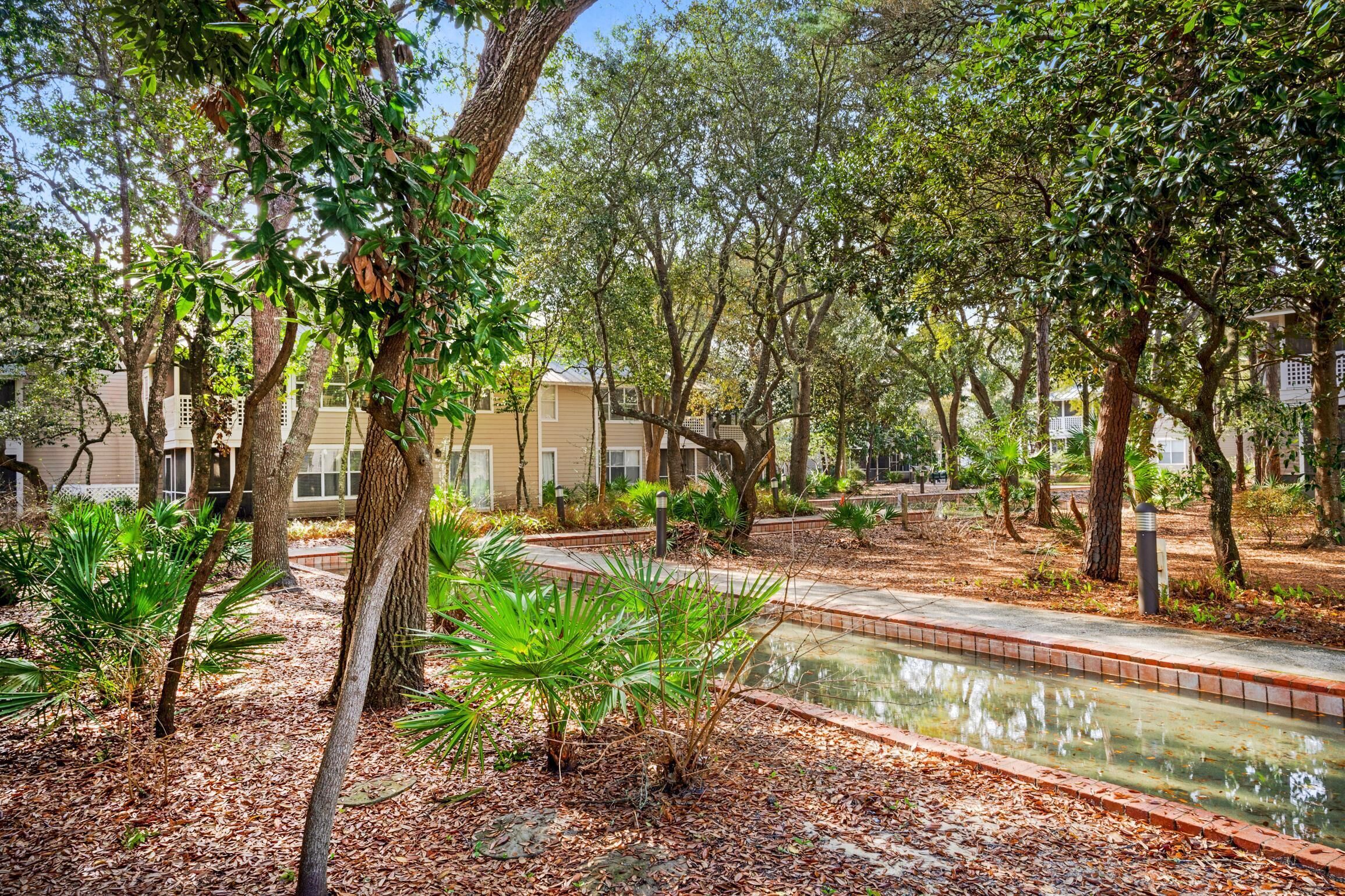A courtyard with a water feature, surrounded by trees and a pathway.