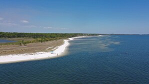 Un paysage côtier avec une plage de sable, un ciel bleu dégagé et une zone boisée en arrière-plan.