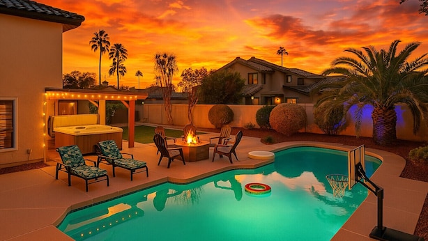 A backyard with a swimming pool, outdoor seating, and a fire pit. - Pickle Ball, Heated Pool, Spa, Outdoor Bar w/Swings, Game Room, Bocce, & Putt-Putt! (Scottsdale)