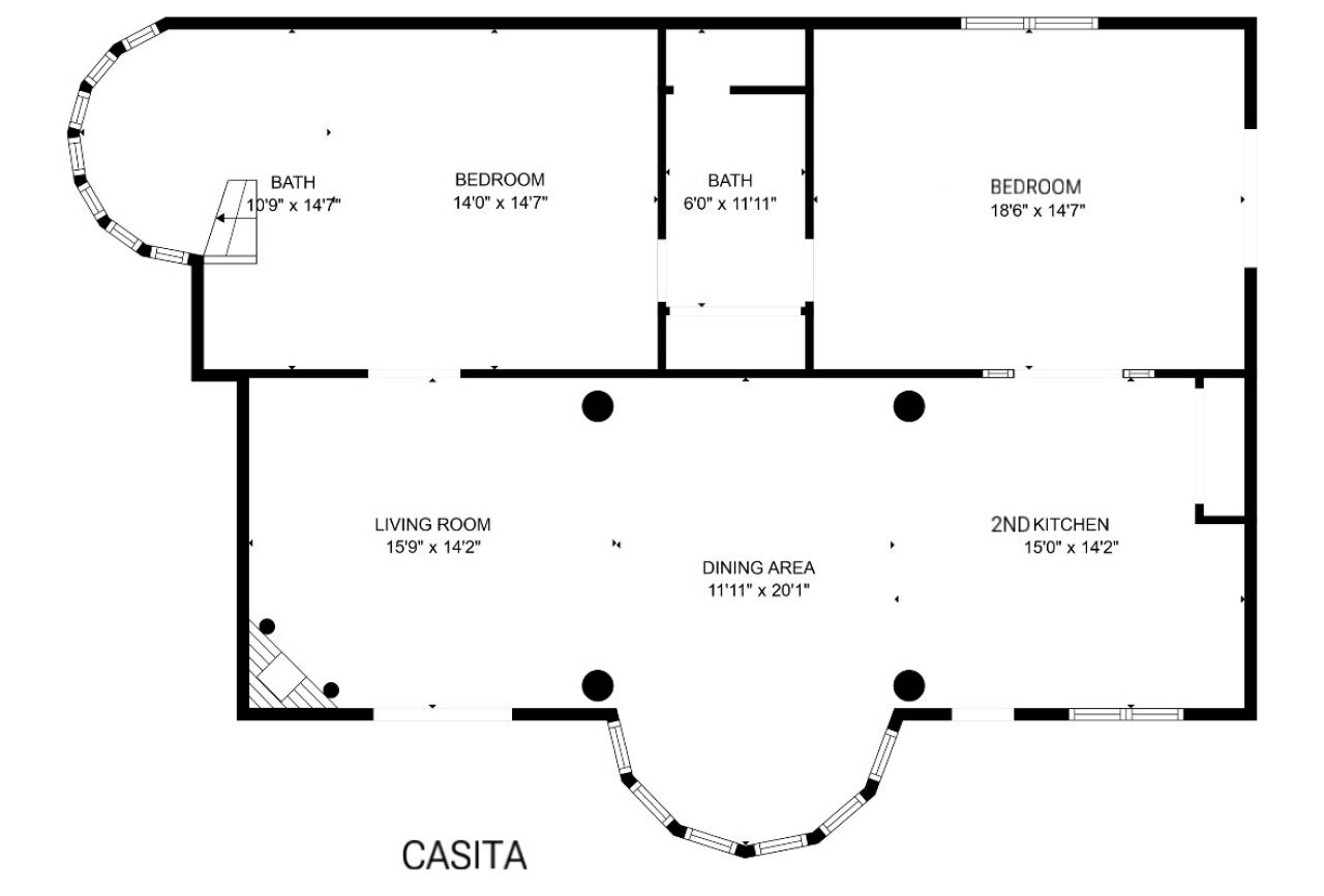 Pianta degli interni dell'hotel CASITA, che mostra un soggiorno, due camere da letto, una seconda cucina, un'area pranzo e un bagno.