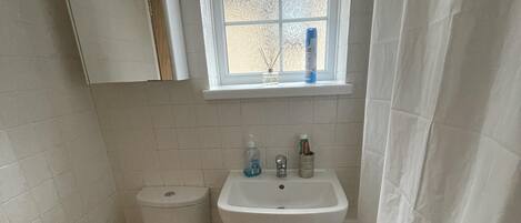 A small bathroom with a toilet, sink, and window.