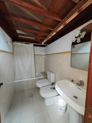 Combined shower/bathtub, towels, soap, shampoo