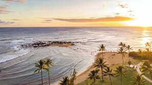 A beach with palm trees and a sunset.