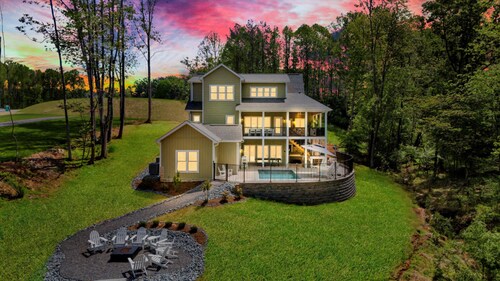 Whispering Pines Estate, Waterfront Luxury w/ Covered Verandas + Heated Salt Pool, Hot Tub, Dock!