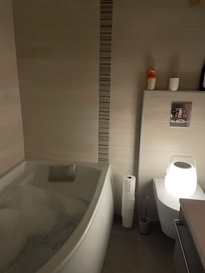 Ducha, secador de pelo, toallas, jabón