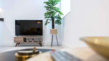 A modern living room with a flat-screen TV on a wooden stand, a potted plant, and a wicker chair.