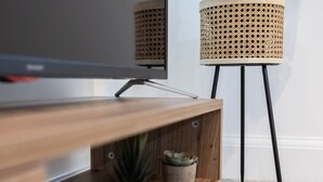 Ett TV-bord i trä med en platt-TV, två krukväxter och en golvlampa med flätad rotting.