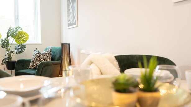 Ein Essbereich mit einem Tisch für zwei Personen, einem grünen Sofa, einem Blumentopf und einem gerahmten Bild an der Wand.
