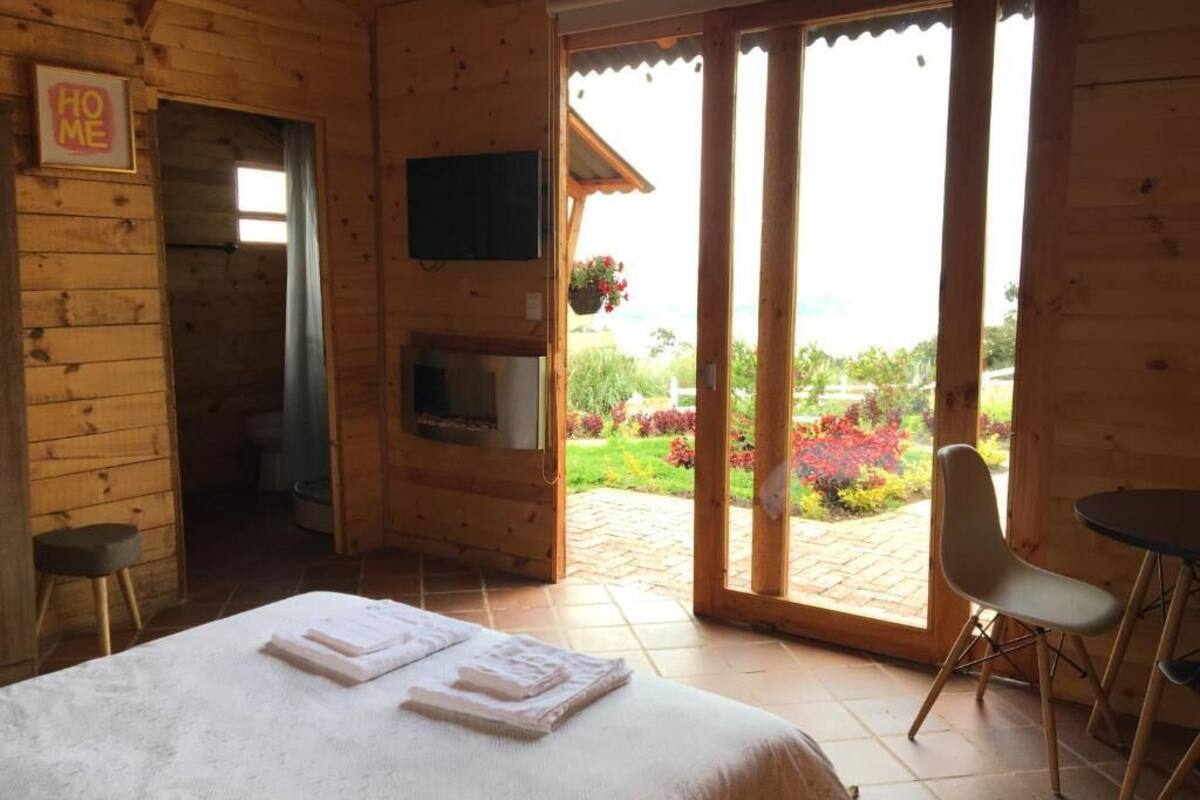 A wooden cabin room with a bed, a TV, and a sliding glass door to a garden.
