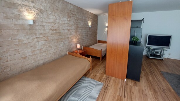 A modern bedroom with a brick wall, a wooden bed, a nightstand with a lamp, a TV on a stand, and a small plant. - 5 Minuten von Frankfurt, Ruhige Ferienwohnung/ Monteurzimmer mit Terrasse (Bad Vilbel)