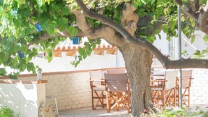 Ein gepflasterter Außenbereich mit Baum, Backsteinmauer und Tisch mit Stühlen.
