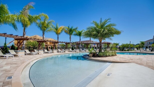 A pool area with lounge chairs and palm trees.