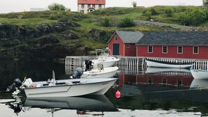 A red building with a white roof, a dock with boats, and a grassy hill in the background.