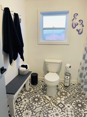 Douche, sèche-cheveux, serviettes fournies, savon