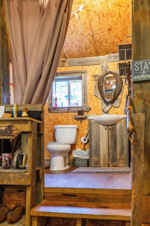 Shower, jetted tub, towels, soap