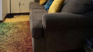 A living room with a gray sofa, colorful cushions, a lamp, and wall art. - Cute Downtown APT Quick Safe Walk to PPG Arena (Pittsburgh)