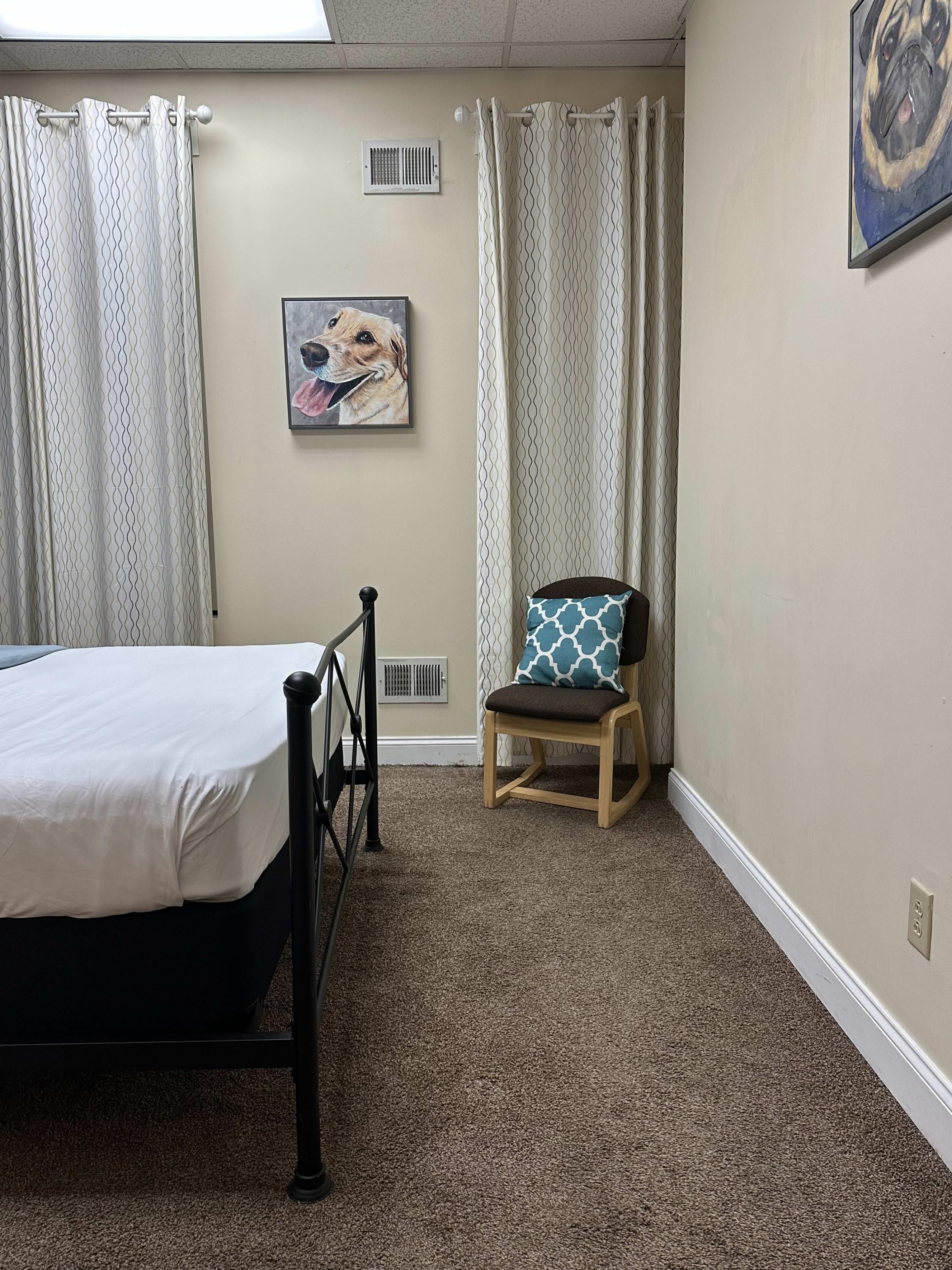 A bedroom with a bed, a chair, a radiator, and a painting of a dog.