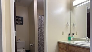 Ein Badezimmer mit Toilette, Duschvorhang und Waschbecken mit Spiegel.