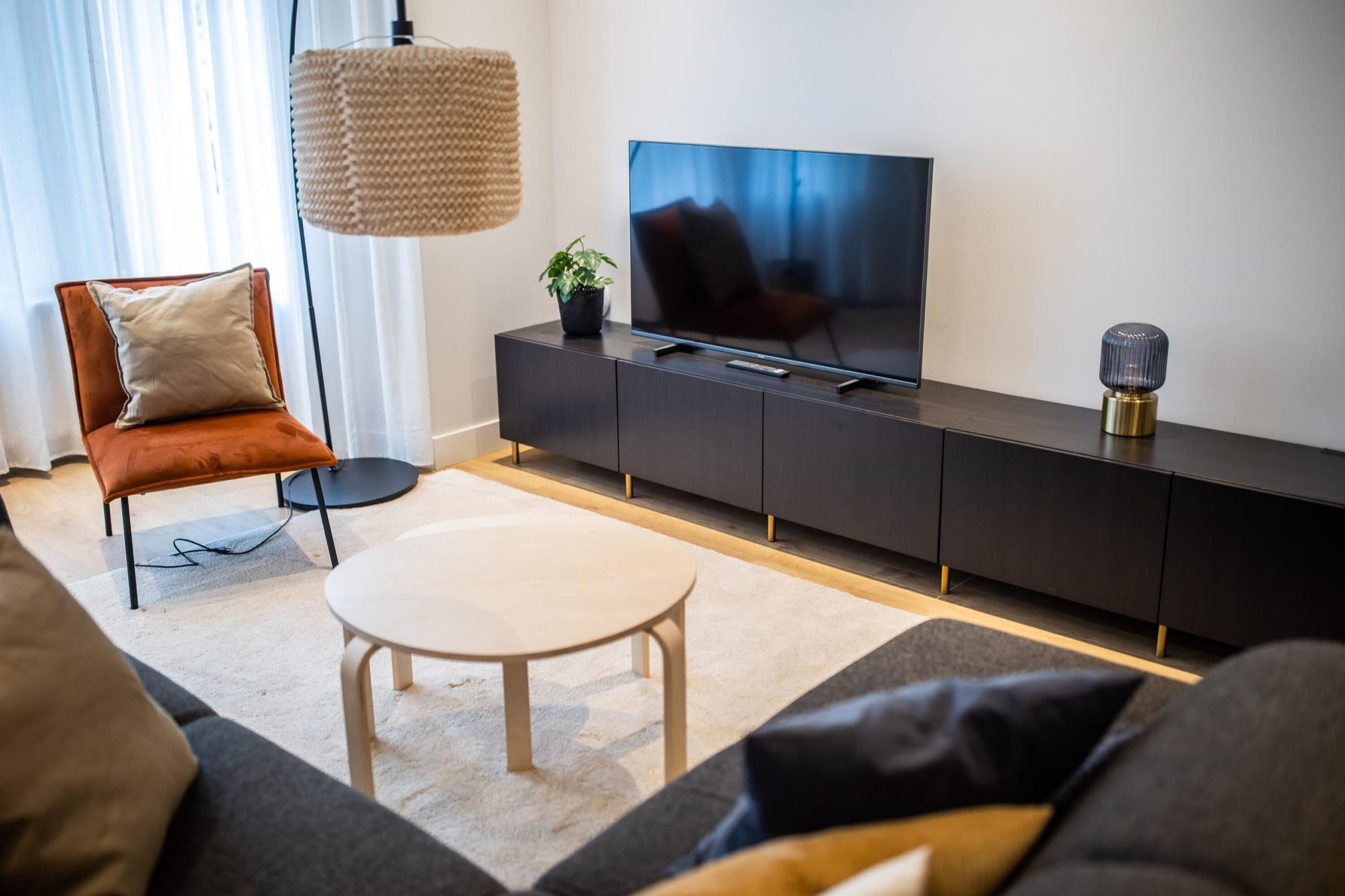A modern living room with a sofa, a coffee table, a TV on a black stand, a potted plant, and a hanging lamp.