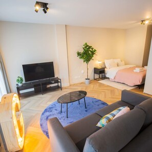 Ett modernt vardagsrum med en soffa, en tv, ett litet bord och en krukväxt.