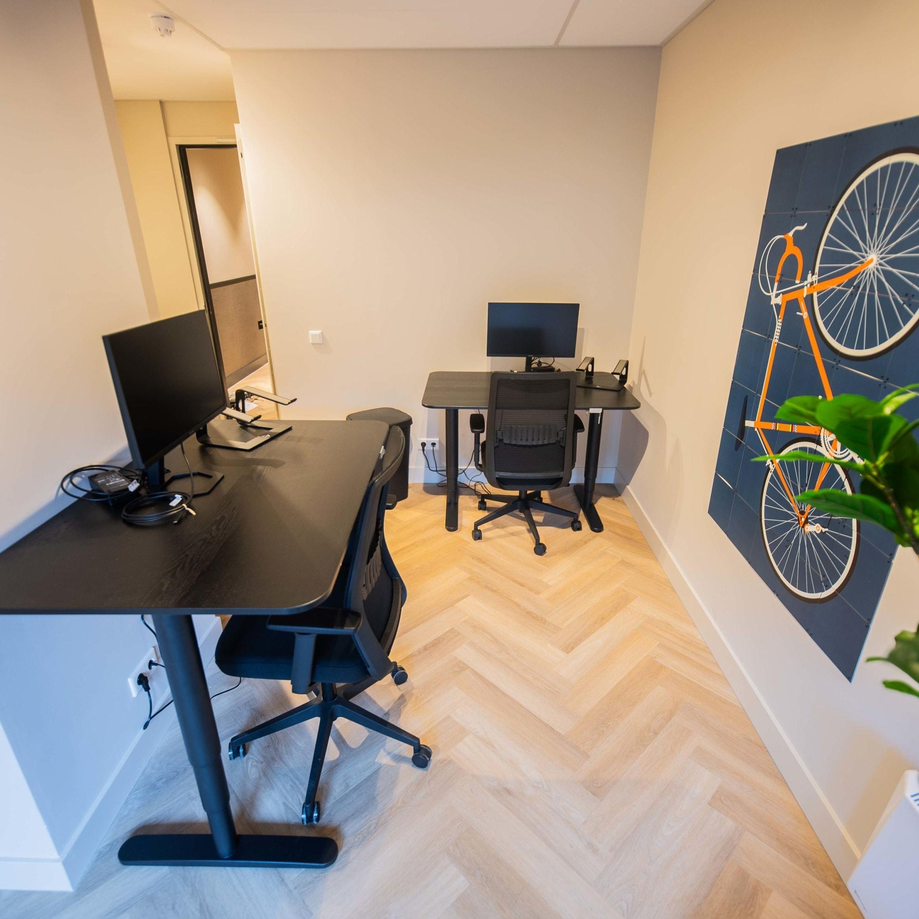 A modern office space with two desks, one with a computer and another with a monitor, and a large wall art of a bicycle.