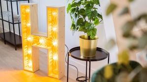 A modern interior with a wooden 'H' light installation, a potted plant on a small table, and a chair. - Nb306 Serviced Apartment 2,5br (Rotterdam)