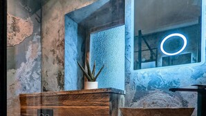 Une salle de bain avec un meuble-lavabo en bois, un grand lavabo en forme de coupe, un pot d’aloe vera et un miroir doté d’un éclairage circulaire.