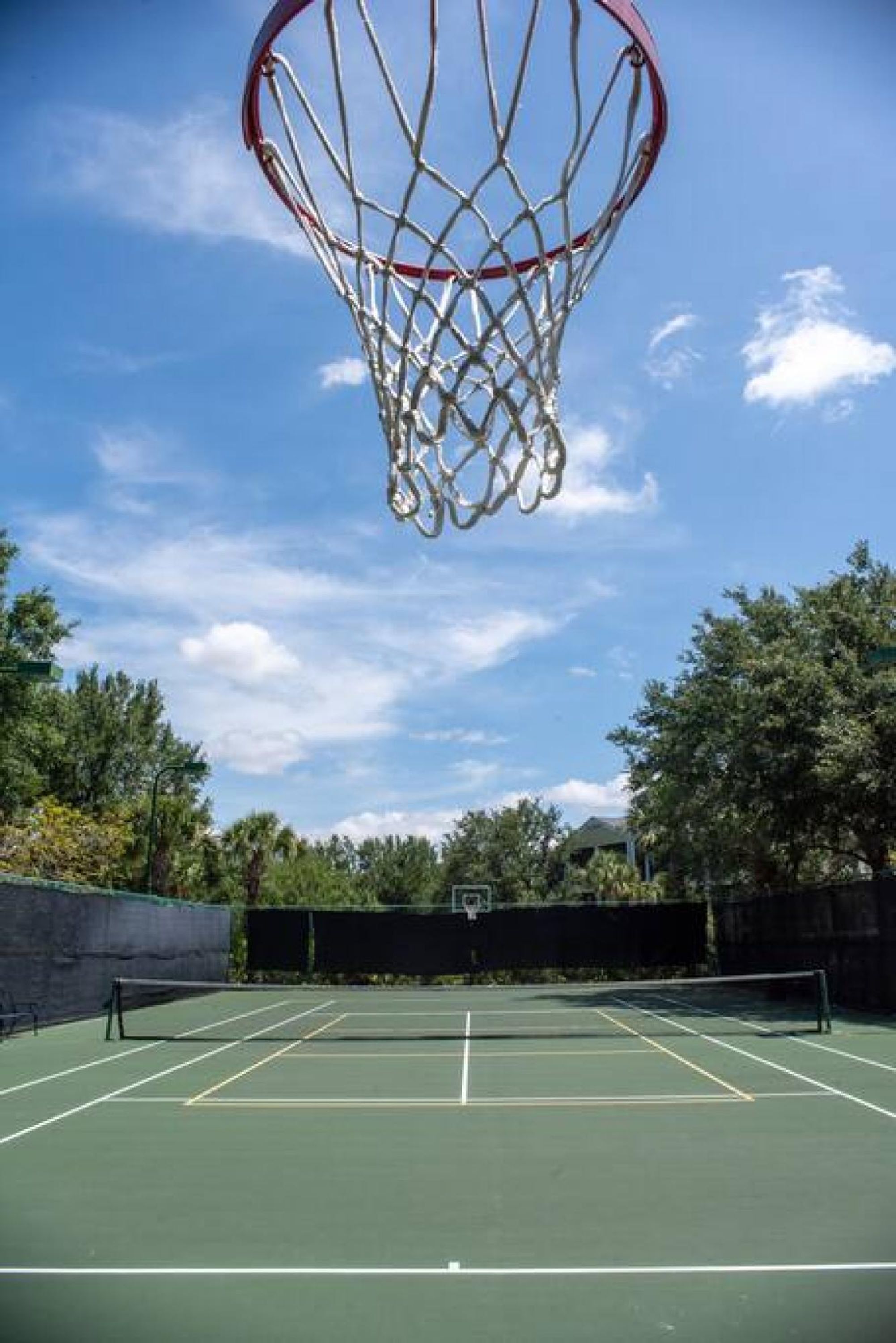 An outdoor basketball court with a hoop, surrounded by trees and a clear sky.