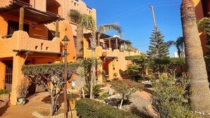 Un patio con arquitectura tradicional, palmeras y un cielo azul despejado.