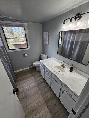 A bathroom with a window, toilet, sink, and cabinets. - Holland Hydrotherapy Spa & Fire Pit Retreat (Holland)