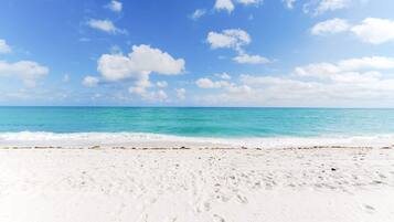 Une plage de sable blanc bordée d’une eau turquoise, sous un ciel bleu dégagé.