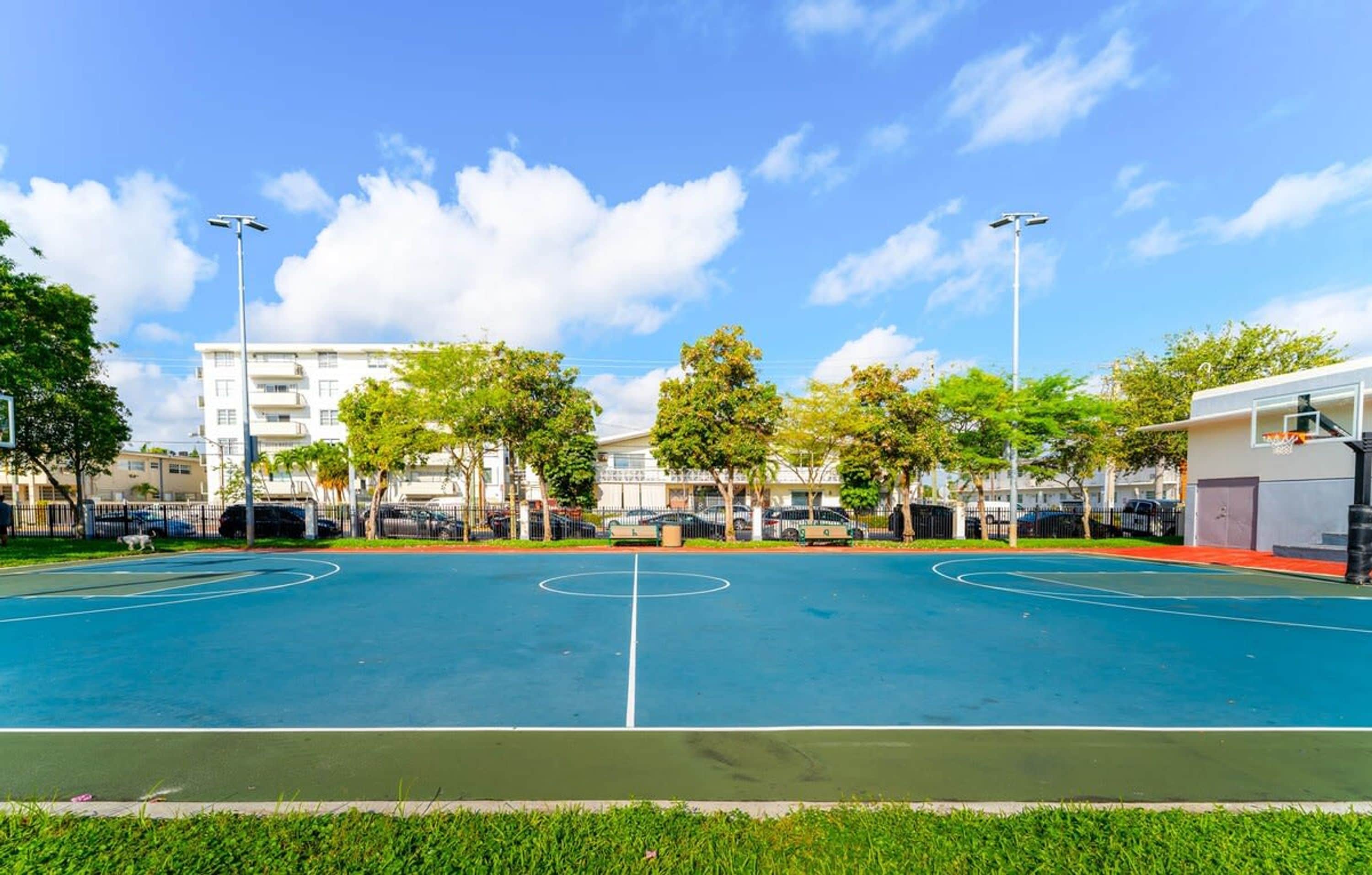 Una cancha de baloncesto al aire libre rodeada de árboles y edificios.